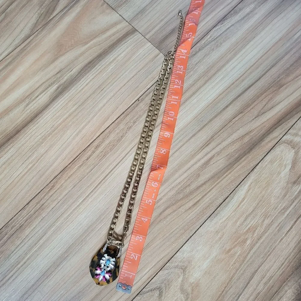 Tortoise Shell Acrylic Bejewled Curb Chain Pendant Necklace